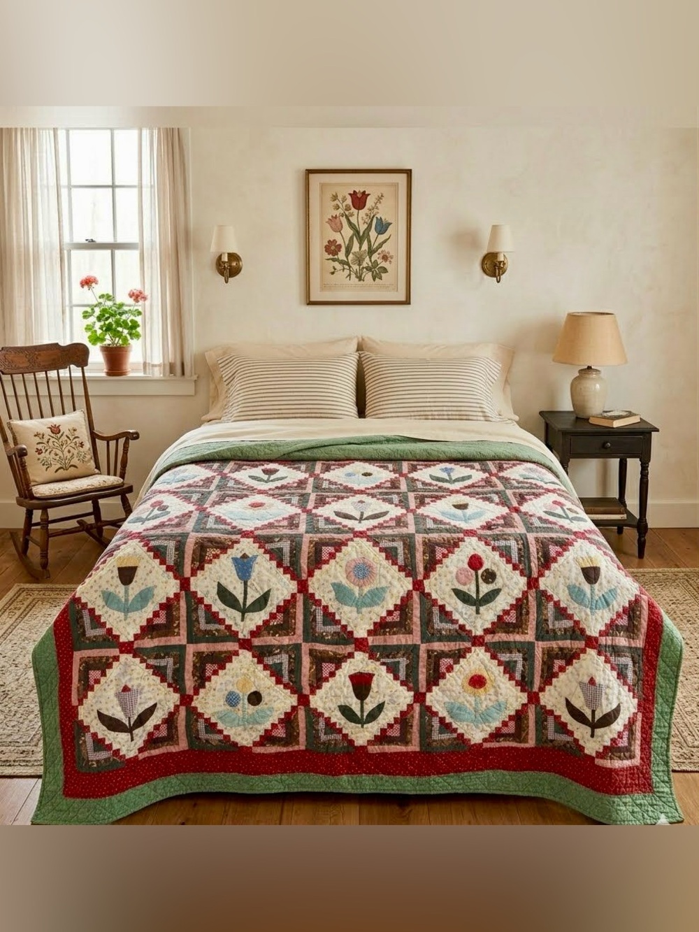 Rare Hand-Appliqued Tulip Patchwork Quilt- Queen Size
